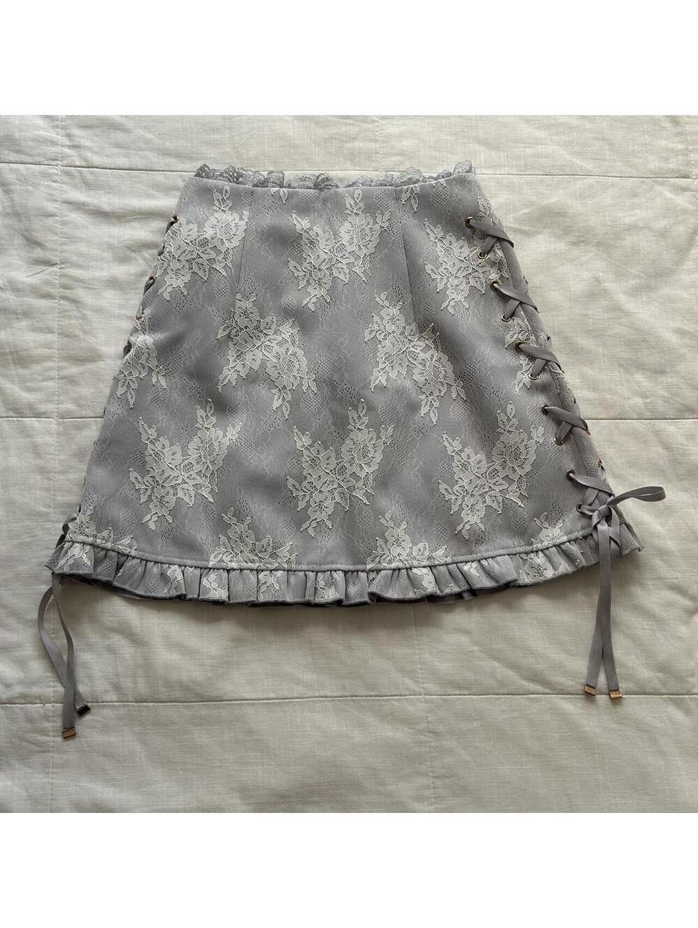 Rojita Gray Floral Lace Corset Ribbon Lace Up Ruffle Mini Skirt XS Japan
